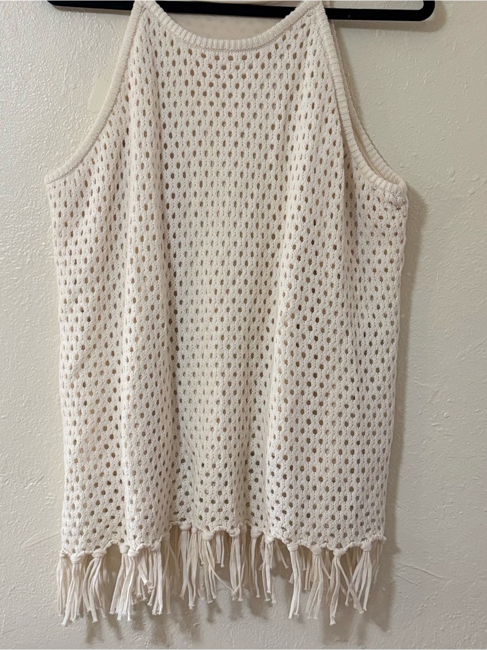 Vince Camuto Openwork Crochet Fringe Tank in Cream 1X